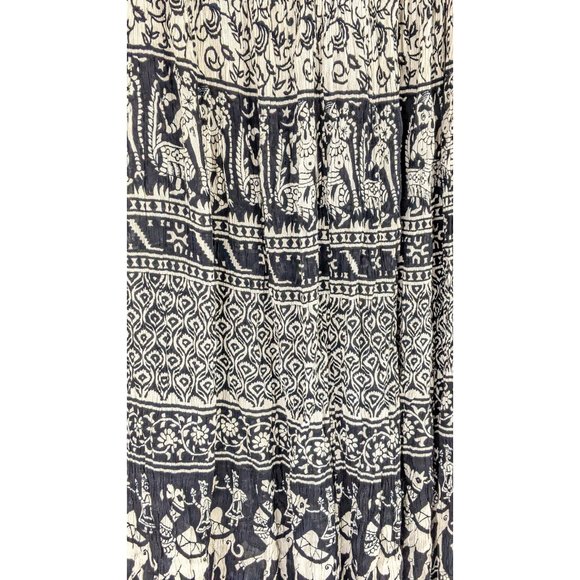 Vintage black beige floral Indian print boho crinkle gauzy stretch waist skirt - Picture 5 of 5